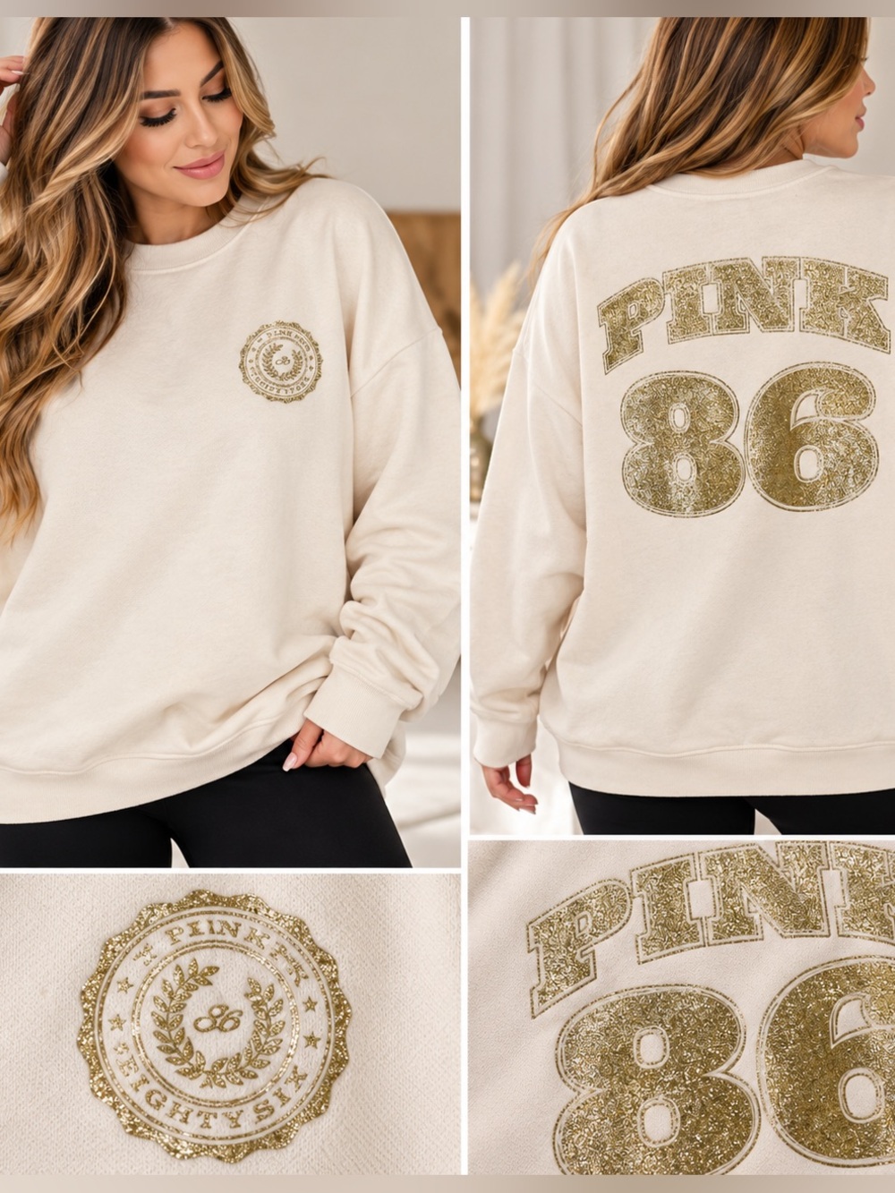 PINK Victoria's Secret Cream Glitter '86 Pullover Sz Large NWT